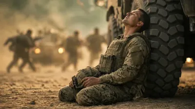 Soldier resting against a vehicle tyre, eyes closed, taking a slow box breath