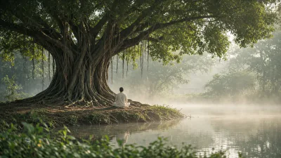 A person seen from behind, sitting under a large tree beside a misty pond