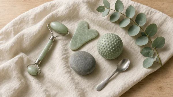 A jade roller, gua sha stone, smooth stone, massage ball and teaspoon on linen