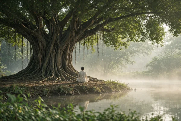 A person sitting calmly under a big old tree by misty water