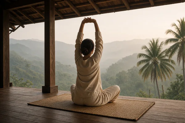 A woman in linen stretching her arms overhead on a veranda with palm trees